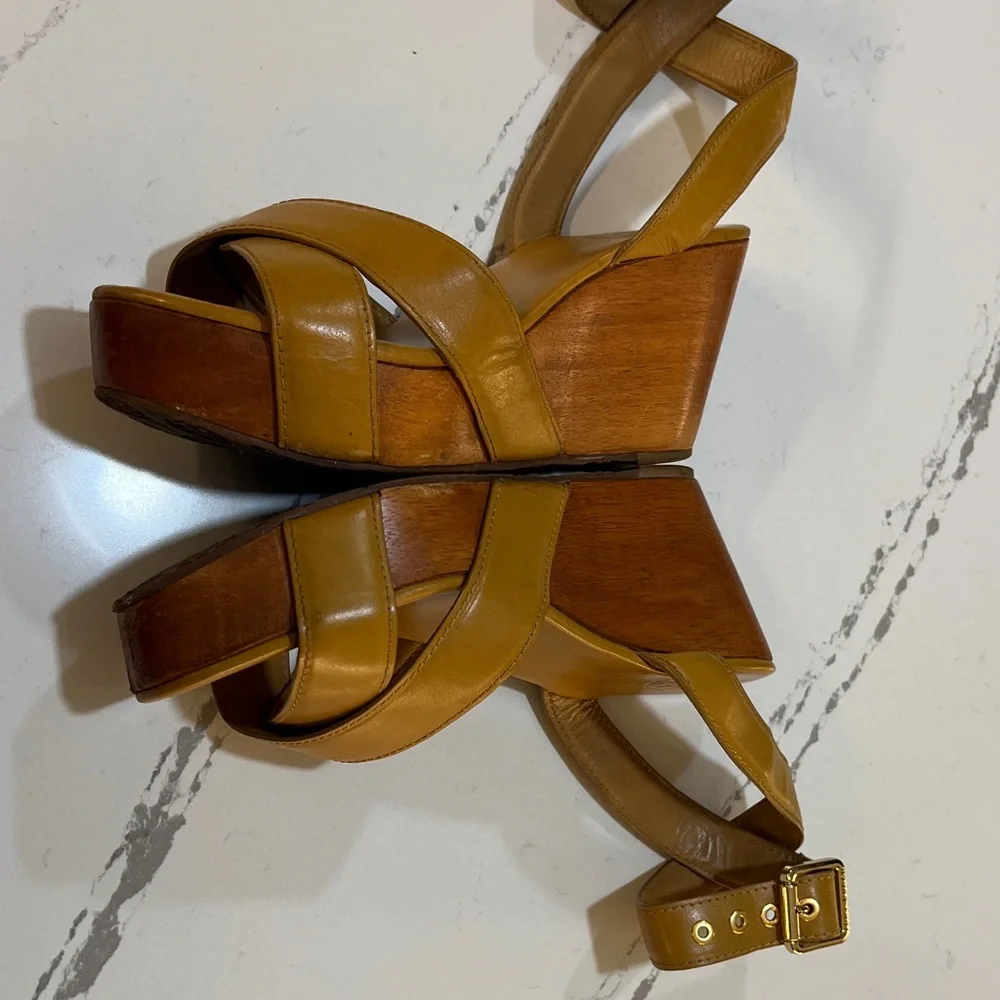 Tory Burch Tan Almita Wood Platform Leather Wedges size 7.5M